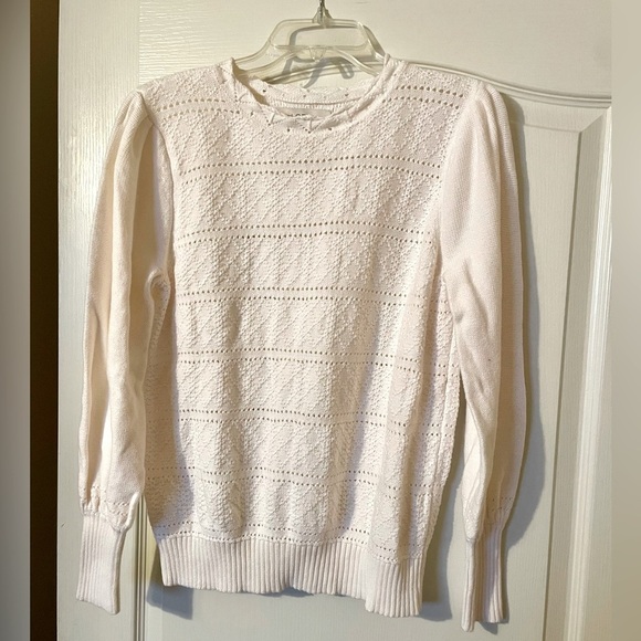 LOFT Dot Stripe Pointelle Ivory Cotton Sweater Size L Scalloped Detail Crewneck - Picture 2 of 9
